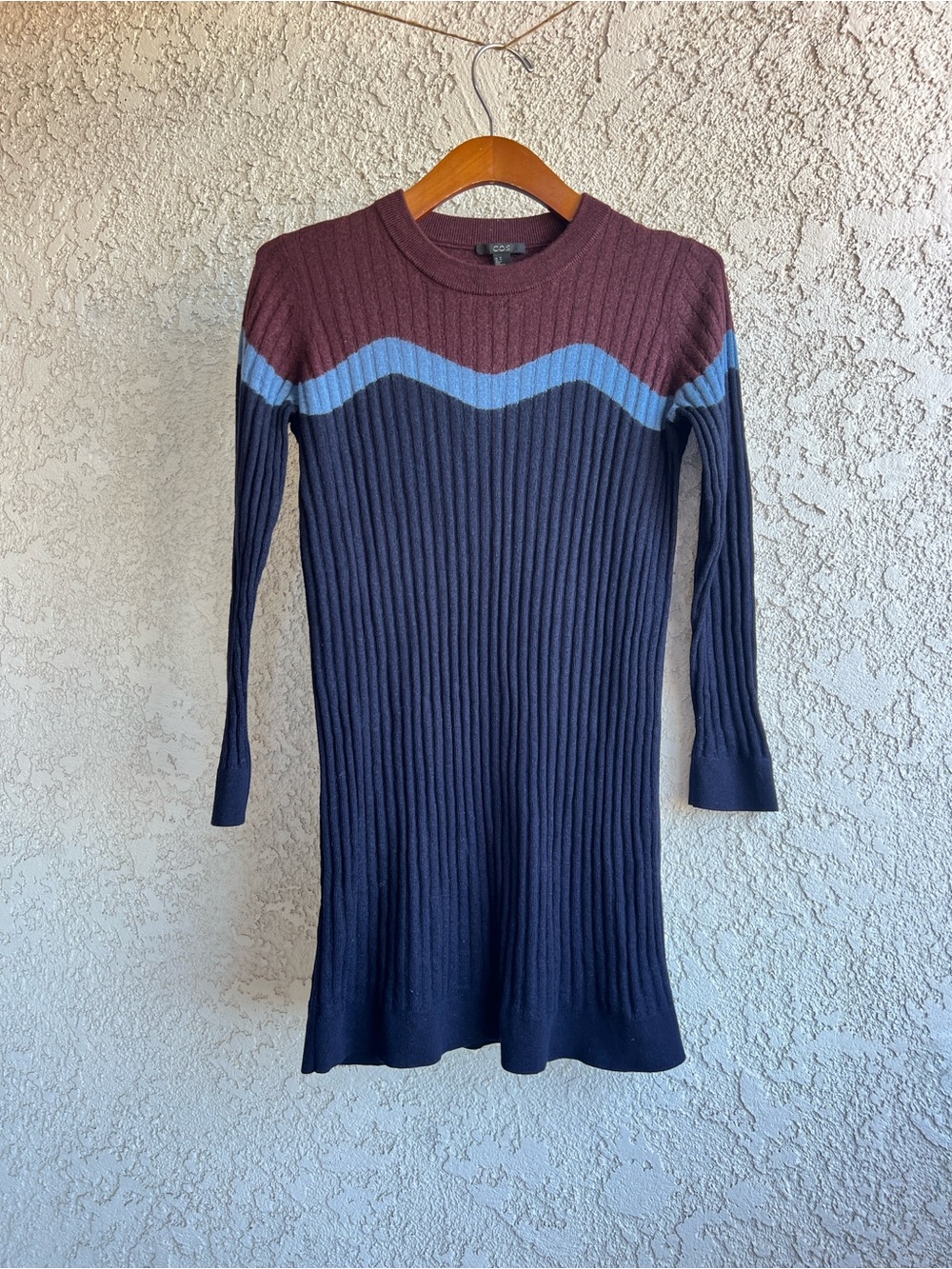 COS Burgundy, Light Blue & Navy Ribbed Knit Long Sleeve Mini Dress. 100% Wool